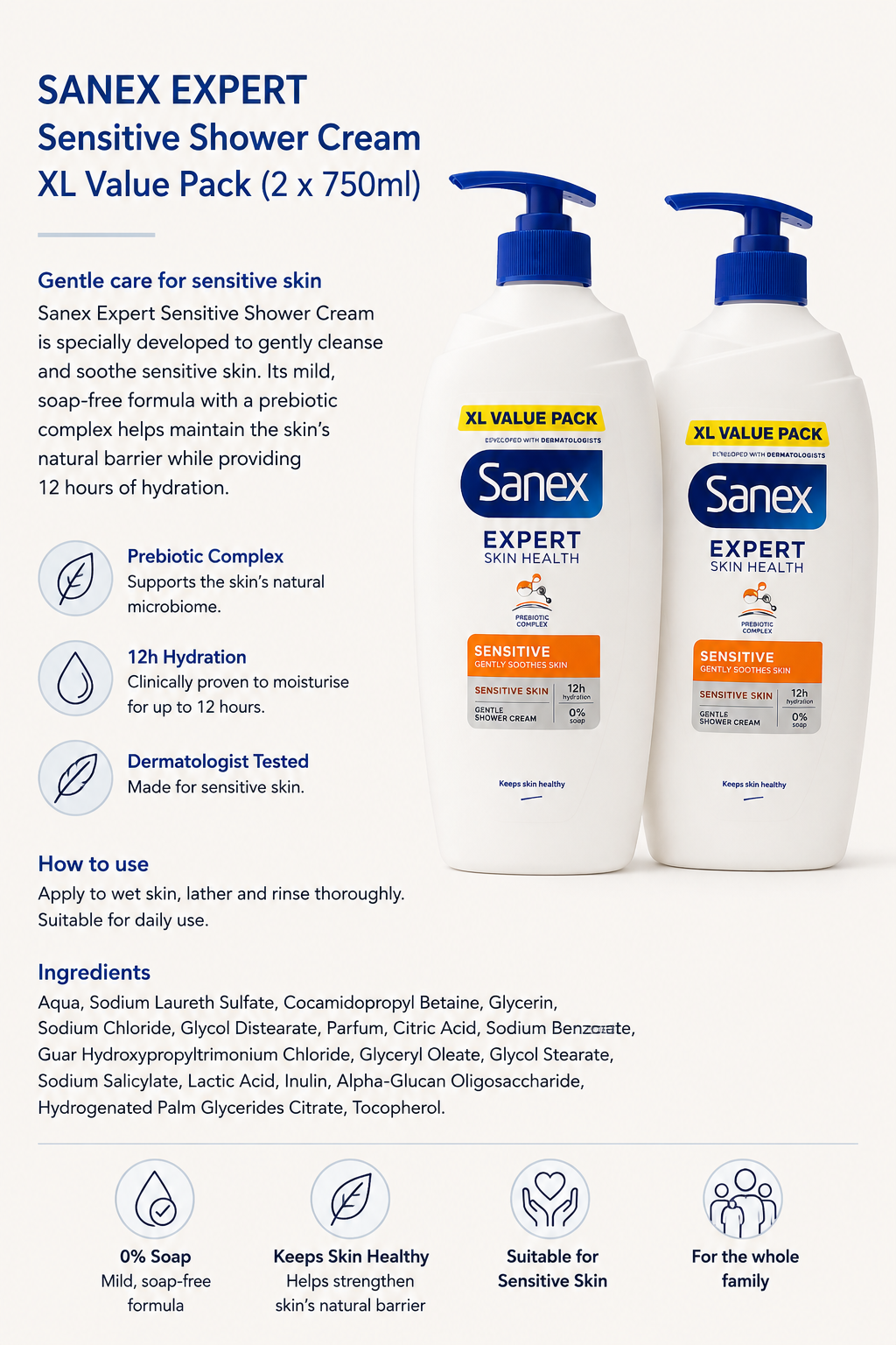 Sanex Expert Sensitive Shower Cream - 750ml